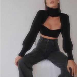 Black Zara knit turtleneck sleeve crop top scarf
